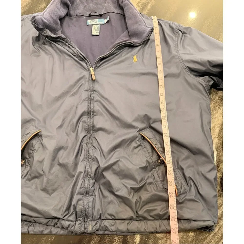 Polo Ralph Lauren Mens XXL Navy Windbreaker Jacket Zip Out Hood Leather Trim